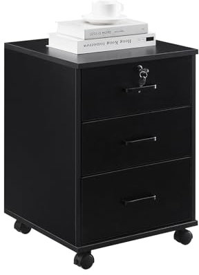 CLIPOP Rollcontainer Abschließbare mit 3 Schubladen,Mobiler Aktenschrank Büroschrank mit Rollen für A4 Papier und Aktenordner,40 x 40 x 57 cm,Schwarz