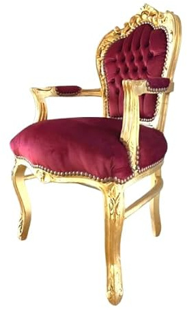 CasAmin Home & Living Armchair Red French Louis Style in Bordeaux Velvet Baroque Rococo Antique Style Reproduction Chair in Gold Finish for Home or for Store Décor
