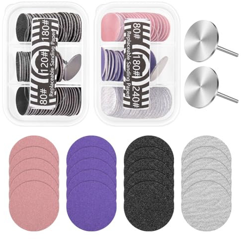BELICOO 120 Stück Schleifscheibe Pediküre Set, 80/120/180/240 Grit Feet Grinder Schleifpapier mit 2 Metall Bit, 25mm Ersatz-Schleifpapier Fuß Nagelfräser Aufsätze Bits für Elektrische Hornhaut Zubehör