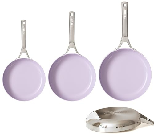 Tjean Stekpanna, keramikpanna, handtag i rostfritt stål, induktionspanna lämplig för alla typer av spisar, keramikbeläggning, ugnssäker (violett, 20 + 24 + 28 cm)