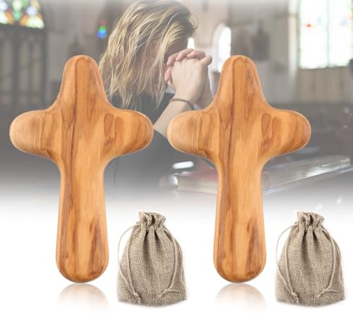 2pcs 10cm Wooden Cross, Mini Olive Wood Holding Comfort Cross Handcrafted Religious Keepsake with Portable Linen Sack Christian Faith Symbol Handheld Design Fit Kids Adults for Christmas Thanksgiving