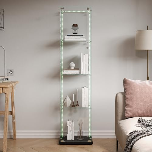 YLSZHY vitrina de cristal con puerta y tira luminosa LED, vitrina de colección con cerradura de 4 niveles, biblioteca independiente para sala de estar dormitorio (4 niveles con LED-B, negro)