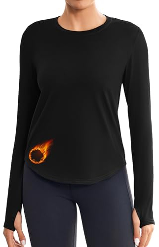 PINSPARK Maglietta Sportiva da Donna in Micropile, Scollo Tondo, Manica Lunga, Top Termici per Yoga, Intimo da Sci per attività all'aperto, Shirt Funzionale per Il Fitness con Fori per i Pollici