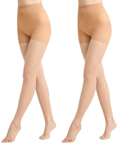 Aaronano 2 Pairs Control Top Footless Tights for Women with Tummy Control Support, 40D Semi-Opaque Soft High Waist Pantyhose(Natural,S/M)