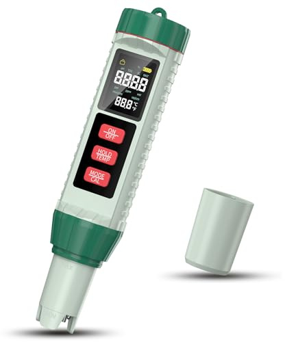 Medidor pH piscinas 5 en 1 con pantalla digital, mide TDS/EC/Salinidad/Temperatura/pH. Incluye una solución de calibración. El medidor de pH Agua es adecuado para piscinas, acuarios y spas.