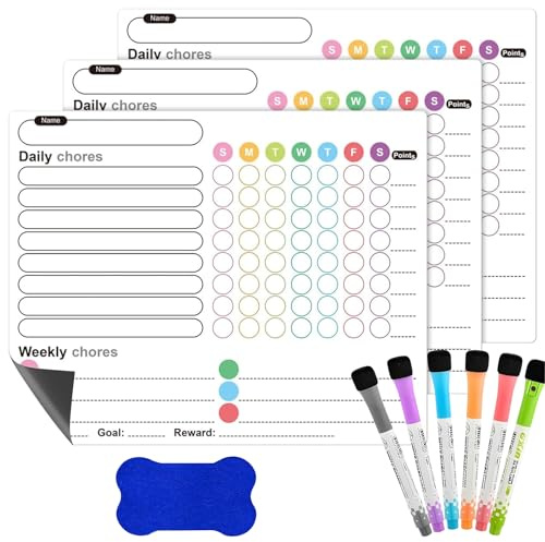 3PCS Magnetic Chores Chart - Reusable Reward Chart with 6PCS Markers & Eraser, Weekly Planner Task Charts for Chores Behaviour Discipline & Organisation