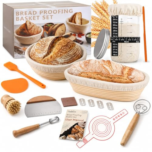 Banetones para Pan Kit, Cesta Fermentación Masa Madre con Banneton, Cuchillo para Pan, Mezcladora, 17 Piezas Kit Pan Casero para Principiantes, Sourdough Starter Kit Completo