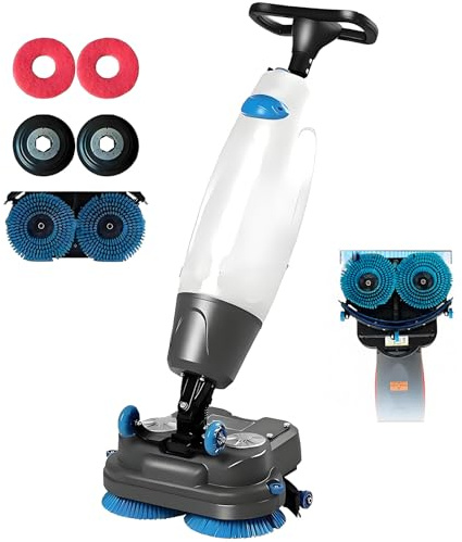 HuanSebesity Compact Walk Behind Commercial Floor Scrubber Dryer,Dual Brushes with Dual Pads & Drivers,Small Floor Scrubber,Cordless Rechargeable Lithium Battery,360°Steering for Workshops White