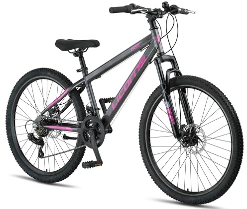 Licorne Bike Thunder Premium mountainbike i 20, 24, 26, 27,5 och 29 tums cykel för flickor pojkar män och kvinnor skivbroms (antracit/rosa, 26 tum)