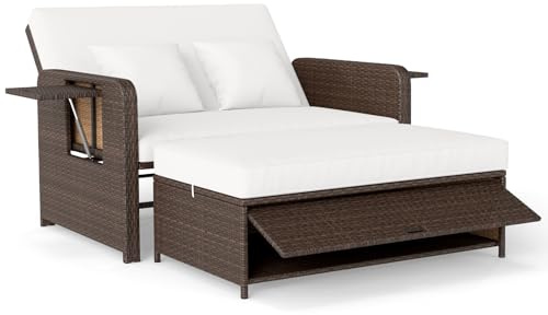 COSTWAY Salon de Jardin en Rotin avec Ottoman de Rangement (Marron+Blanc) | Bain de Soleil avec Plateau Latéral Rétractable, Dossier Réglable 4 Positions et Coussins, Canapé à 2 Places Charge 360KG