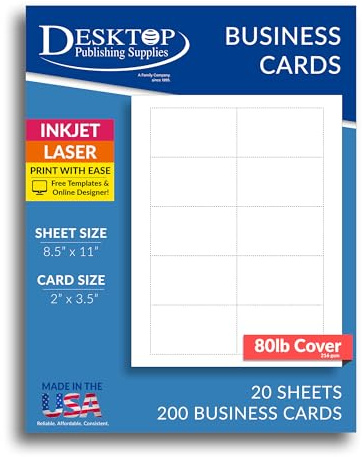 Heavyweight White Blank Business Card Paper - 20 Sheets / 200 Business Cards - 80lb Cover / 218 gsm - Inkjet & Laser Printer Compatible - Standard 3.5 x 2 Inches