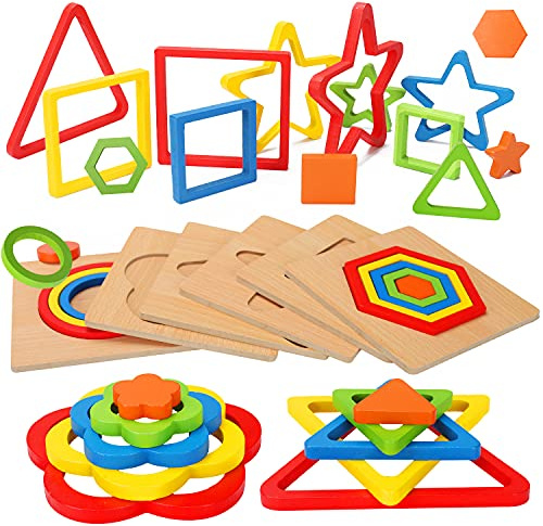 Toddler Puzzles Montessori Toy Wooden Shape Sorting Puzzle Sensory Toy Toddler Activities Preschool Learning Educational Autistic Developmental 1 2 3 Year Old Girl Boy 1-3 Dementia Game Easter Gift