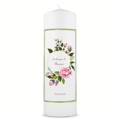 GRAVURZEILE Candela stampata – Green Flower Design – Personalizzata con nome, data e testo desiderato, regalo per coppie, matrimonio, San Valentino, candela di alta qualità bianca 250/80 mm