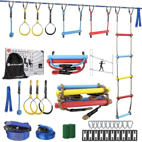 Ninja Warrior Obstacle Course for Kids - 2*56FT Slackline Kit with 8 Obstacles | Upgraded Quick-Install Buckles (No Threading Needed), 900lbs Max Load Backyard Training Gear