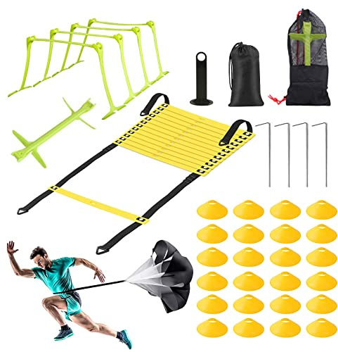 Set di Agilità velocità Allenamento, Kit Allenamento Calcio, 6M Scala Allenamento, 24Coni Allenamento Calcio, 4 Picchetti di Terra, 1 Paracadute da Corsa di Resistenza, Scaletta Calcio Allenamento