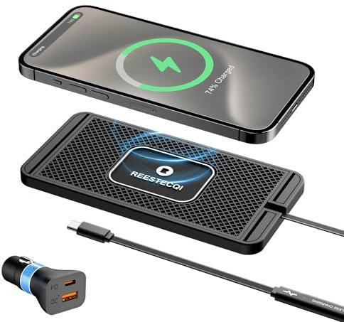 Wireless Charging Pad for Car, REESTECQI 15W Wireless Car Charger Pad Type C Charging Mat Non Slip [PD 40W Car Charger Incl] for Airpods iPhone 16/15/14/13/12, Samsung S24/S23/S22 (30CM Cable)