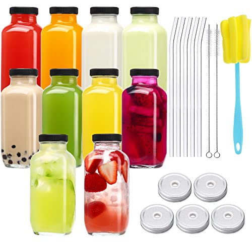 CUCUMI 10pcs 16oz Glass Juice Bottles with Lids, Reusable Juice Containers Drinking Jars Water Cups with Brush, Glass Straws, Lids with Hole