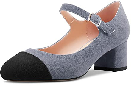 Castamere Femmes Bloc Chunky Mi Talon Heel Rond Bout Mary Jane Escarpins Mariage Bureau Décontracté 5 CM Heels Gris Suède 42 EU