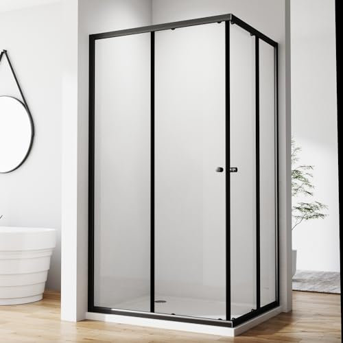 Eckeinstieg Duschkabine Schiebetür 80x100x185cm, Duschabtrennung Duschtür Duschwand mit 6mm ESG Sicherheitsglas, Dusche Doppel Schiebetüren Glas Duschschiebetür, Schwarz Komplettdusche Höhe 185cm