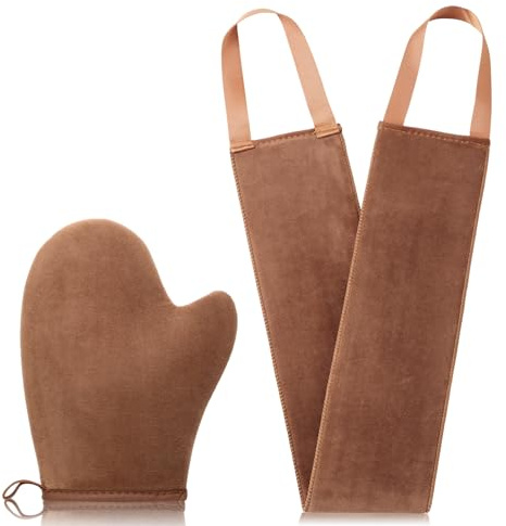 GAIYAH Self Tanning Mitt Set 2 in 1 - Premium Reusable Double-Sided Velvety Soft Applicator for Lotion Cream, Fake Tan Mitt Glove, Back Tanner Applicator, Streak-Free Natural Tan, Stain-Free Hands
