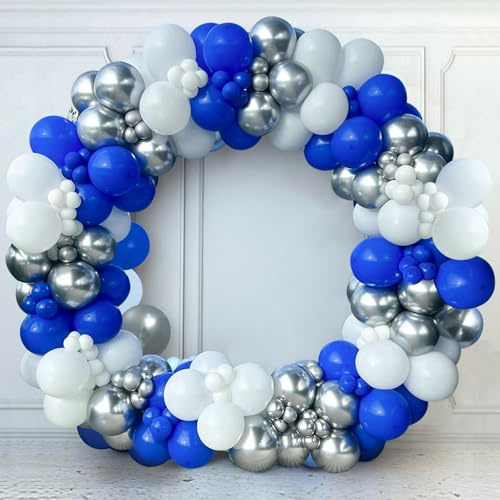Navy Blue Balloon Arch Kit - 141pcs Blue and White Silver Balloon Garland with White Silver Balloons, Navy Balloons for Men Birthday Party Christening Wedding Engagement Anniversary Baby Shower
