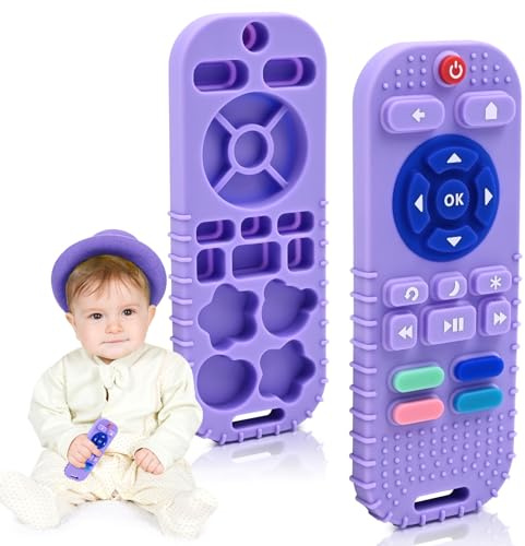 AiTuiTui Silicone Giochi Neonato da Bagno per Bambini per 3 6 9 12 Mesi, Telecomando Giochi Dentizione Neonato con Clip Ciuccio e Pulsanti Premibili, Giocattoli Sensoriali di Qualità Alimentare, Viola