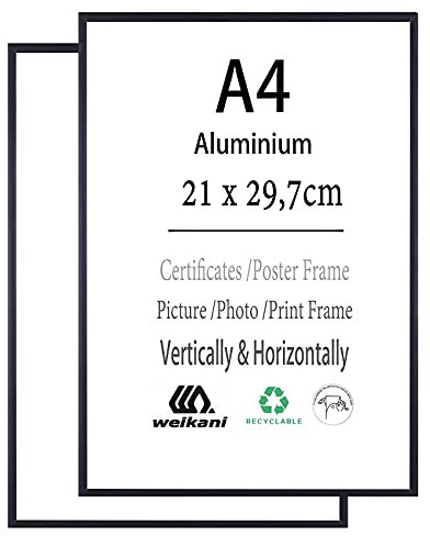 Cornice portafoto in alluminio nero, formato A4, confezione da 2 pezzi, 21 x 30 cm, cornice per foto e certificati, per montaggio a parete o da tavolo, set da 2 pezzi