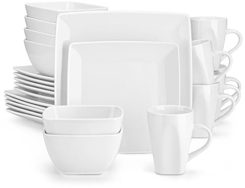 Geschirrset eckig, vancasso SOHO Tafelservice 6 Personen aus Steinzeug, 24tlg Geschirr modern mit Speiseteller, Dessertteller, Schüssel und Tassen