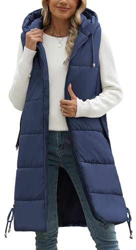 Tuopuda Damen Weste Lang mit Kapuze Herbst Winter, Steppweste Warme Daunenweste Übergangsweste Reißverschlüsse Kapuzenweste Outdoor Winterjacke Vest Ärmellos Jacke Longweste, Marine, L