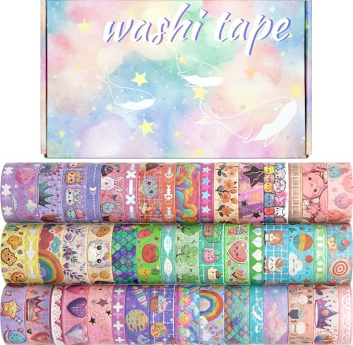 Biuunsf 50 Rollen Washi Tape Set, Silbernes Washi Tape für Scrapbooking, Bullet Journal, Planer, Geschenk, Regenbogen Maskierungsband für Kinder