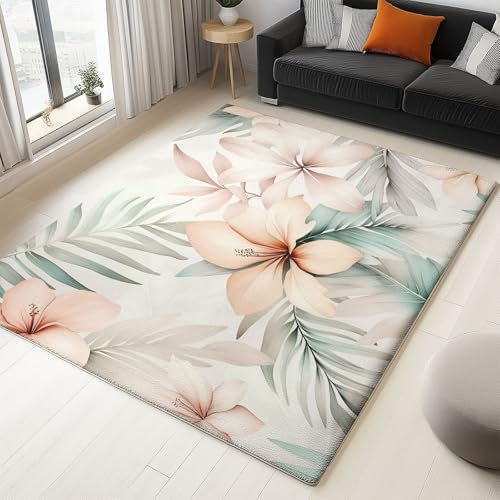 Teppich Wohnzimmer Aquarell Tropische Blumen Schlafzimmer Teppich 160 x 230 cm Waschbar rutschfest Superfeinem Kaschmir Teppich für Wohnzimmer, Schlafzimmer, Esszimmer und Balkon Creme Grün