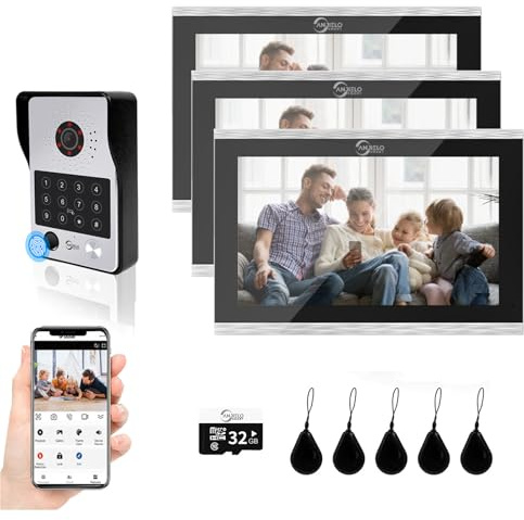 Videoportero con cable Sistema de intercomunicación de apartamentos,Monitor táctil de 10 pulgadas,Cámara HD 1080P Timbre,Huella dactilar,Tarjeta RFID,Desbloqueo por contrase (1 Timbre+3 Monitor)