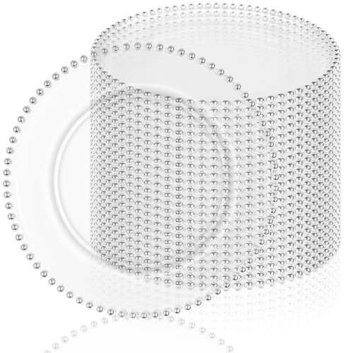 fani 24 Pack Clear Charger Plates Bulk 13 Inch Plastic Round Dinner Chargers with Beaded Rim, Acrylic Decorative Service Plates for Wedding Party Event, Home and Tabletop Decor (Silver)