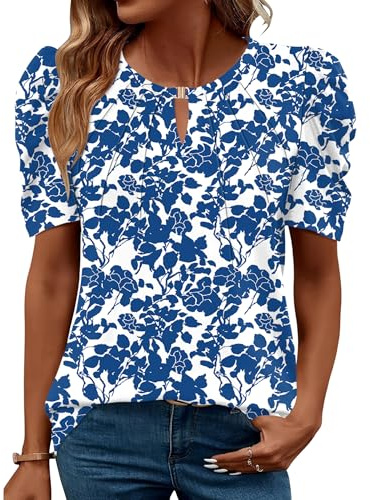 iWoo Women's Blouses & Shirts Summer Tops Casual Crew Neck Pleated Short Sleeve T Shirts Floral Printed Fashion Tunic Blouse White Blue Floral M
