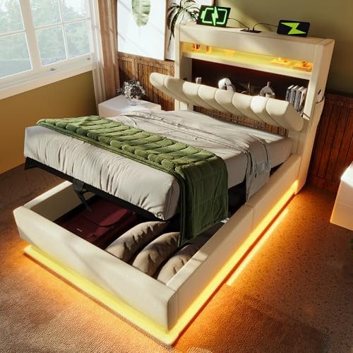Dolamaní Einzelbett 90x200 cm mit Stauraum, Bett mit USB und LED, Typ-C-Anschlüssen, Hydraulischem Stauraumbett, Bettgestell mit Lattenrost, Leinen (Beige)