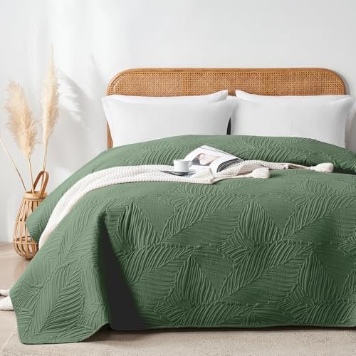 VIVA FINO Copriletto 200x220 cm,Copriletto Ultrasonico Verde,Leggero,Morbido e Facile da Pulire,Doppio Lato,Copertura Letto con Motivo Foglie,Ideale per Tutte le Stagioni,Per Letto e Divano
