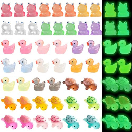 60Pcs Pond Mini Resin Animals,Small Mixed Animal Figures,Mini Glow in the Dark Animals,Glow in The Dark Tiny Ducks Turtles Frogs Resin Figures,Minii Ducks and Animal for Aquarium,Fairy Garden and DIY