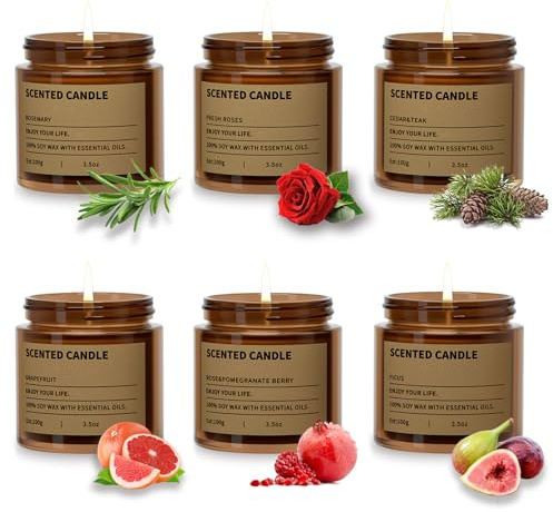 6-pack doftljus gåvor för kvinnor, 99 ml bärnstensfärgade ljusset, 150 timmar långa brinnande sojavax ljus burk aromaterapi ljus för stresslindring, födelsedagar, bröllop, julklappar, yoga, bad