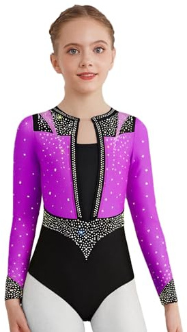 Alvivi Maillot Brillante para Gimnasia Rítmica Niña Body Manga Larga Leotardos de Danza Multicolor Maillot Competicion Patinaje Disfraz de Bailarina de Ballet Morado 5-6 años