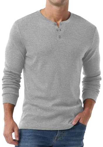 PrinStory Henley T-shirt à manches longues pour homme Pull décontracté T-shirt pour homme