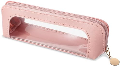 Pink Makeup Brush Travel Bag, PU Leather Clear Makeup Bag Travel Makeup Brush Holder Toiletry Bag with Zipper, Portable Cosmetics Makeup Bag Purse Organizer for Women