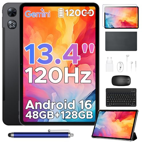 P13 Tablet Android 16, Tablet 13 Pulgadas, Gemini AI, 48GB RAM+128GB ROM/2 TF, 12000mAh/18W, IPS 2.4K, 120Hz, T7280 Octa-Core, 13MP, Face ID, 5G WiFi, GPS, OTG, Tablet con Teclado y Lapiz, Negro