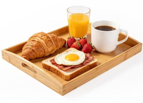 Large Wooden Trays for Food Serving, Rectangular Bamboo Serving Trays with Handles for Eating Breakfast Dinner, Upgraded Thickened Base Wood Snack Tray for Serving Platter Tea Coffee (46x33CM)