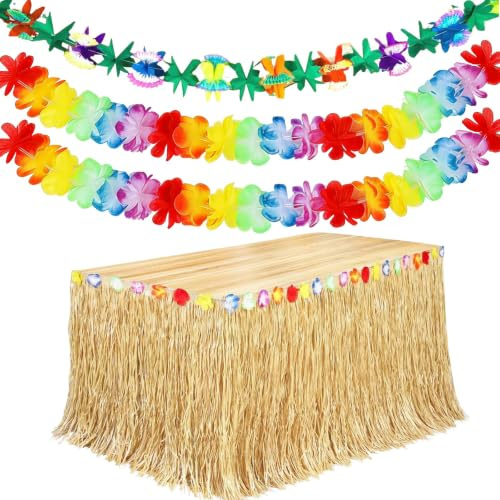 3 Unidades Juego Decoración Fiesta Hawaiana Tropical, Faldas De Mesa Luau, Guirnaldas De Flores, Cartel Y Corona, Decoración Para Verano Jardín Playa Selva Barbacoa