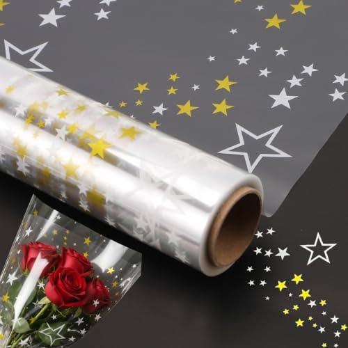 FHUZRE Papier Cadeau Rouleau Transparent Cellophane Emballage, Papier Cadeau Fleur Fleuriste Transparent Etoile Motif Imprimé Anniversaire Noel Professionnel Personnalisé 43CM x 10M