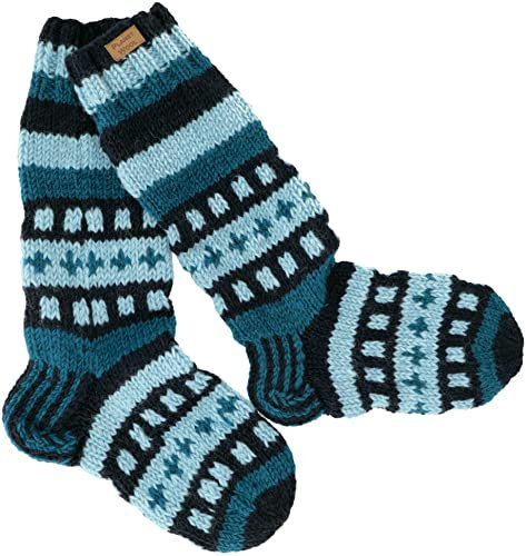 GURU SHOP Handgestrickte Schafwollsocken, Nepal Socken - Petrol, Herren/Damen, Wolle, Size:L (40-43)