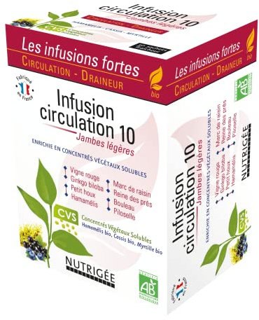 Infusion Circulation 10 Bio | Jambes Légères, Tonus Veineux, Drainage & Détox Naturelle | Vigne Rouge, Cassis, Hibiscus, Ortie, Sureau bio, Raisin, Myrtille, Reine des Prés Bio | 30 Sachets