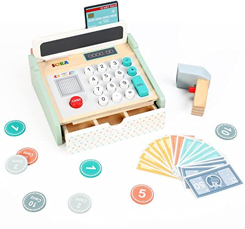 SOKA Wooden New Cash Register Classic Cashier Role Play Supermarket Shopping Checkout Money Till Toy Educational Learning Pretend Playset for Kids Children Girls Boys 3 year old +