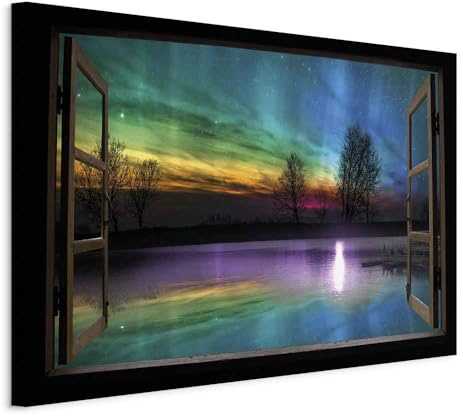 artgeist Acoustic Canvas Wall Art Print Window View 35x24 in - 1pcs Picture with Acoustic Foam Sound Print Artwork Room Acoustics Soundproofing - Polarlicht Night Nature c-A-0168-b-a