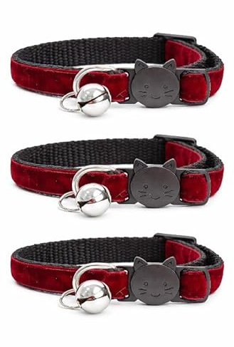 Velvet Cat Collars with Bell. Safe Breakaway Quick Release Buckle. Available in Cat & Kitten Size (Pack of 3) (Kitten Collar (15cm - 23cm), Maroon Red Velvet (Pack of 3))
